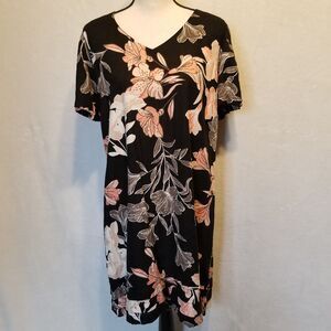 Nicole Miller Large Dress Linen Blend Black Pink Floral Vacation Beach Tropical